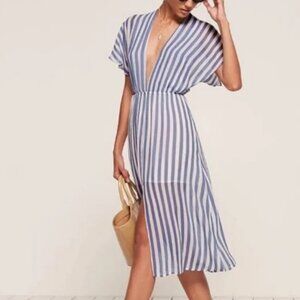 Reformation Positano Blue White Stripe Georgette V-Neck Midi Dress